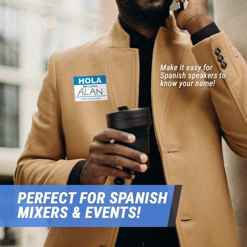 OfficeSmartLabels Spanish Name Tags (4 x 2.3 inch, Blue - 100 Labels) Hola, Me Llamo Badges Stickers for Events, Reunions & Meet and Greets - Fabric Safe - Image 3